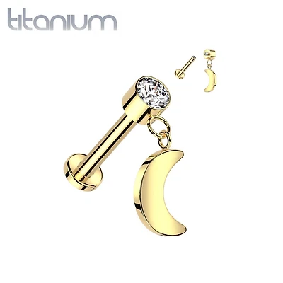 Implant Grade Titanium Gold PVD White CZ Crescent Moon Dangle Flat Back Labret