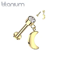 Implant Grade Titanium Gold PVD White CZ Crescent Moon Dangle Flat Back Labret