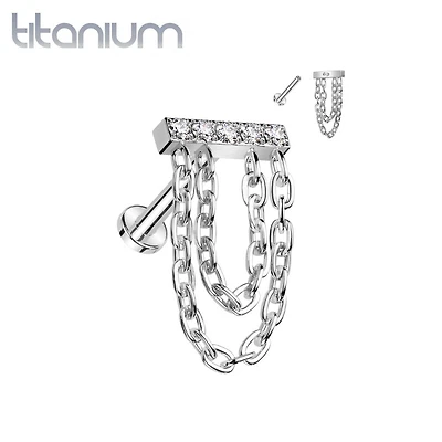 Implant Grade Titanium White CZ Studded Bar Chain Dangle Flat Back Labret