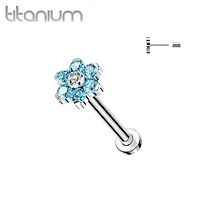 Implant Grade Titanium Threadless Push In Tragus/Cartilage Aqua CZ Flower With Flat Back