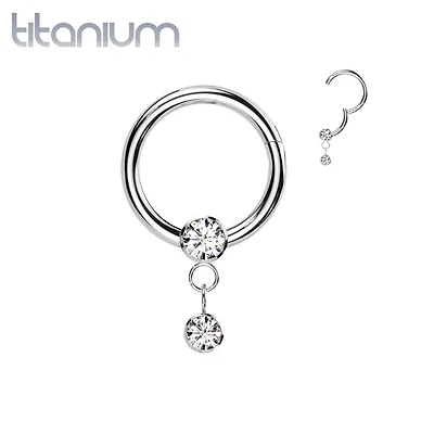 Implant Grade Titanium White CZ Bezel Dangle Hinged Clicker Hoop