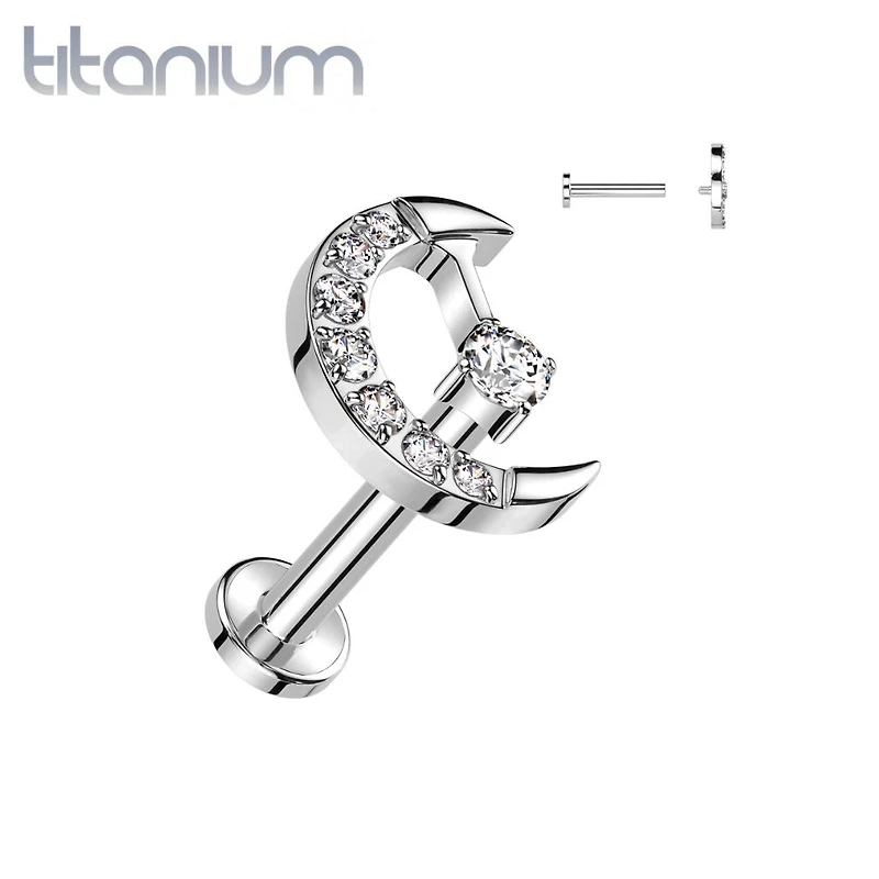Implant Grade Titanium White CZ Internally Threaded Crescent Moon Labret Flat Back