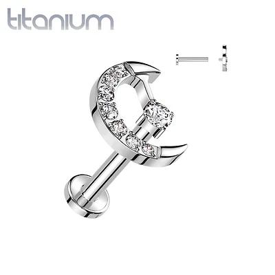 Implant Grade Titanium White CZ Internally Threaded Crescent Moon Labret Flat Back