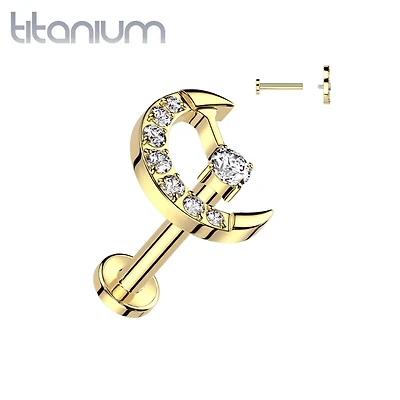 Titanium Gold PVD White CZ Internally Threaded Crescent Moon Labret Flat Back