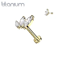 Implant Grade Titanium Gold PVD Triple Marquise CZ Curved Threadless Push In Labret