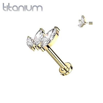 Implant Grade Titanium Gold PVD Triple Marquise CZ Curved Threadless Push In Labret