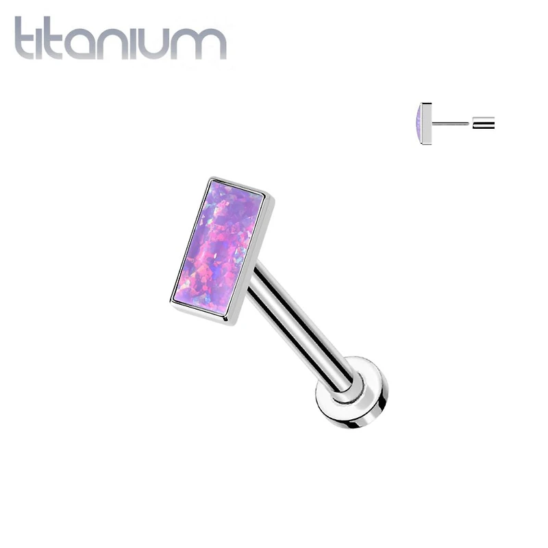 Implant Grade Titanium Purple Opal Rectangle Threadless Push In Labret