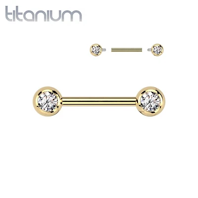 Titanium Internally Threaded Gold PVD White CZ Ball Gem Nipple Ring