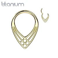 Implant Grade Titanium Gold PVD Art Deco Cross Weave V Shaped Septum Ring Clicker Hoop