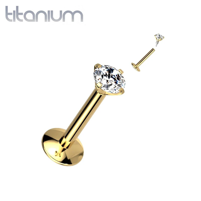 Implant Grade Titanium Gold PVD White CZ Gem Internally Threaded Concave Flat Back Labret