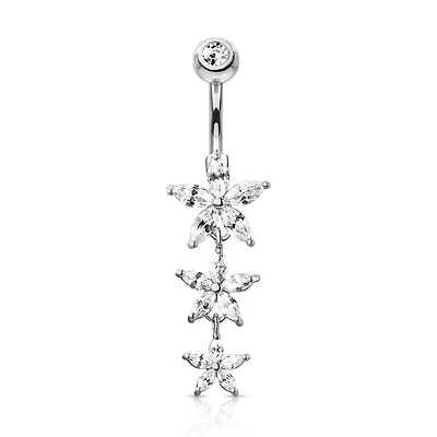 316L Surgical Steel 3 White CZ Flower Dangle Belly Ring