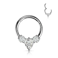 316L Surgical Steel 3 White CZ Gem Teardrop Dainty Septum Ring Hinged Clicker Hoop
