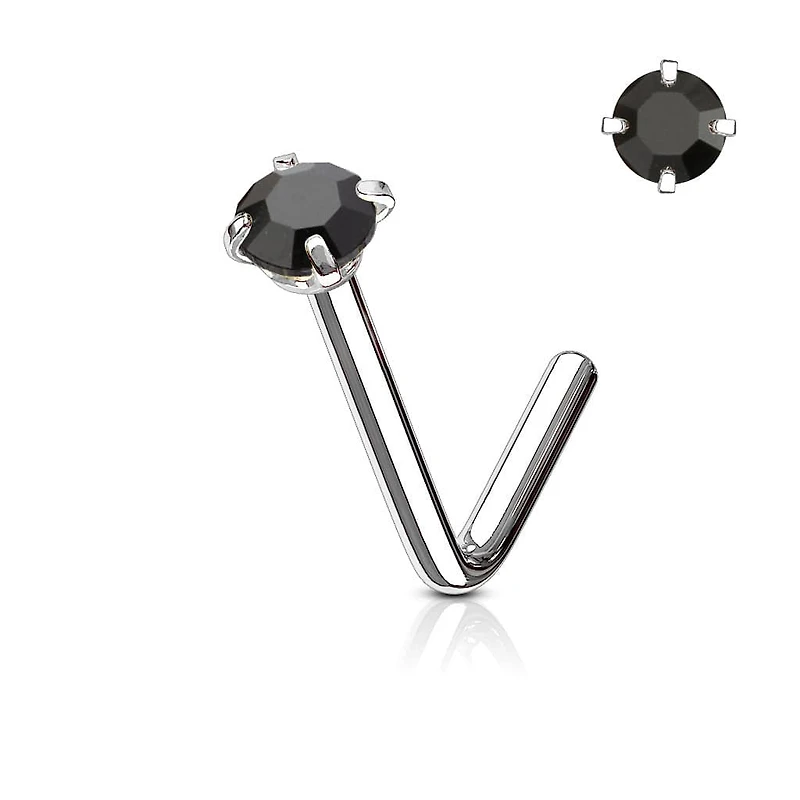 316L Surgical Steel Black CZ Gem Prong L Shape Nose Stud