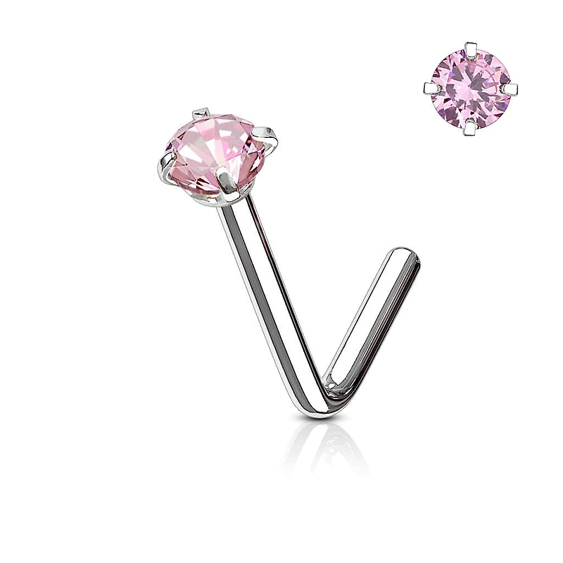 316L Surgical Steel Pink CZ Gem Prong L Shape Nose Stud