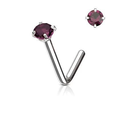 316L Surgical Steel Purple CZ Gem Prong L Shape Nose Stud