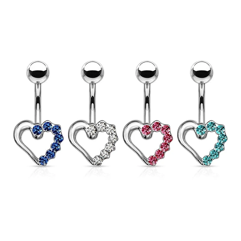 316L Surgical Steel Aqua CZ Heart Outline Stud Belly Ring