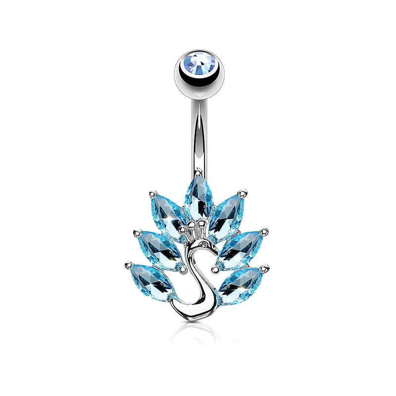 316L Surgical Steel Aqua CZ Peacock Belly Ring