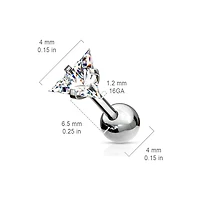 316L Surgical Steel Ball Back Prong White Triangle CZ Cartilage Ring Stud