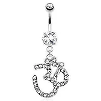 316L Surgical Steel Belly Button Navel Ring Dangling Hindu All CZ Ohm Symbol