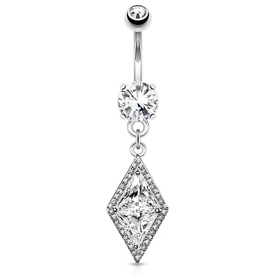 316L Surgical Steel Belly Ring with Large Paved CZ Center Dangle
