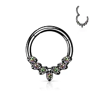 316L Surgical Steel Black PVD VM CZ Gem Vine Leaf Dainty Septum Ring Hinged Clicker Hoop