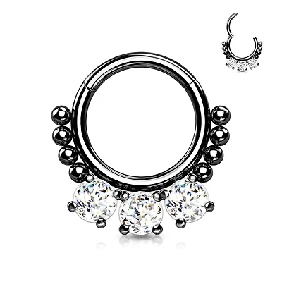 316L Surgical Steel Black PVD White CZ Beaded Hinged Septum Clicker Hoop