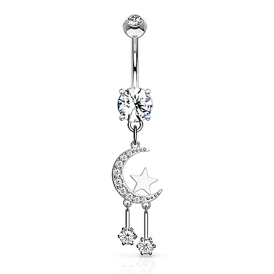 316L Surgical Steel Crescent Moon & Star Dangle Belly Button Ring