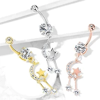316L Surgical Steel Crescent Moon & Star Dangle Belly Button Ring