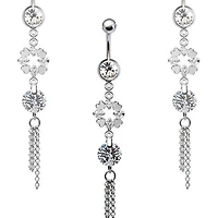 316L Surgical Steel CZ Gem Clover Dangle Belly Ring