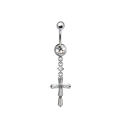 316L Surgical Steel Dainty Thin Baguette Cross Dangle Belly Ring