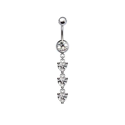 316L Surgical Steel Dainty Triple Heart CZ Dangle Belly Ring