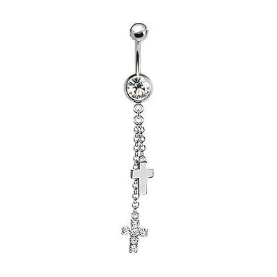 316L Surgical Steel Double Cross with Chain Dangle Belly Ring