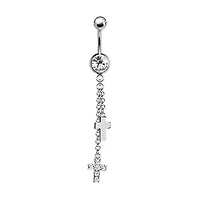 316L Surgical Steel Double Cross with Chain Dangle Belly Ring