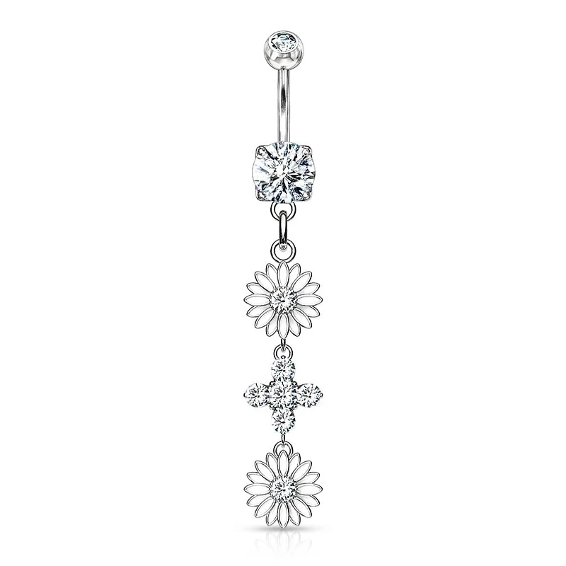 316L Surgical Steel Double CZ Flower Dangling Belly Button Ring