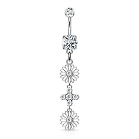 316L Surgical Steel Double CZ Flower Dangling Belly Button Ring
