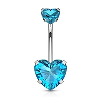 316L Surgical Steel Double Heart Aqua CZ Gem Belly Button Ring