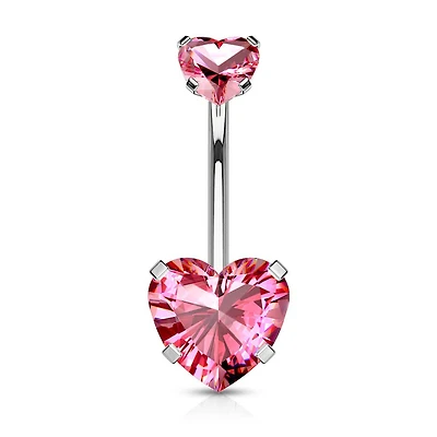 316L Surgical Steel Double Heart CZ Gem Belly Button Ring