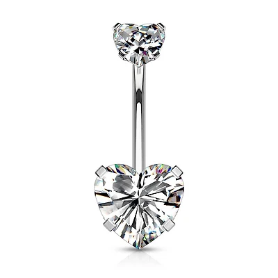 316L Surgical Steel Double Heart White CZ Gem Belly Button Ring