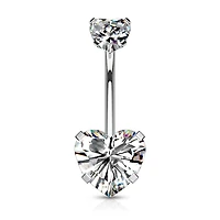 316L Surgical Steel Double Heart White CZ Gem Belly Button Ring