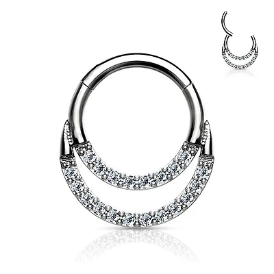 316L Surgical Steel Double Line White CZ Hinged Easy Click Septum Ring