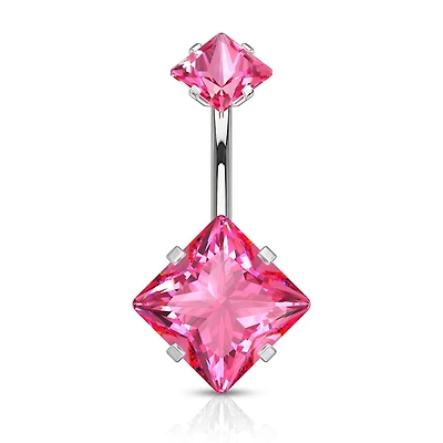 316L Surgical Steel Double Square Pink CZ Gem Belly Button Ring