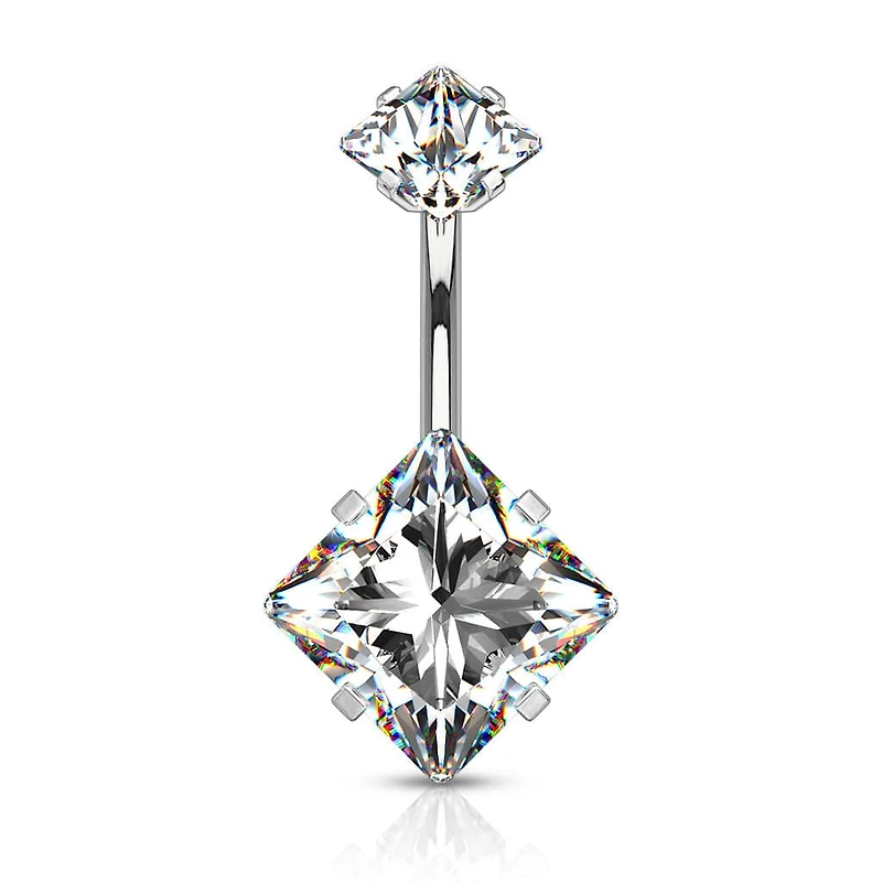 316L Surgical Steel Double Square White CZ Gem Belly Button Ring