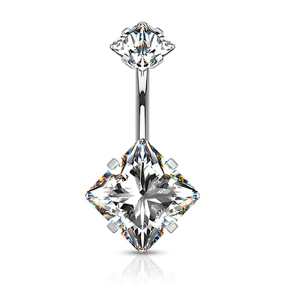 316L Surgical Steel Double Square CZ Gem Belly Button Ring
