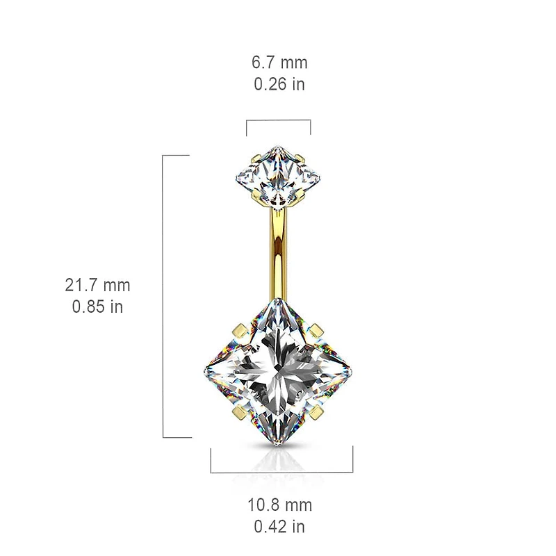 316L Surgical Steel Double Square White CZ Gem Belly Button Ring