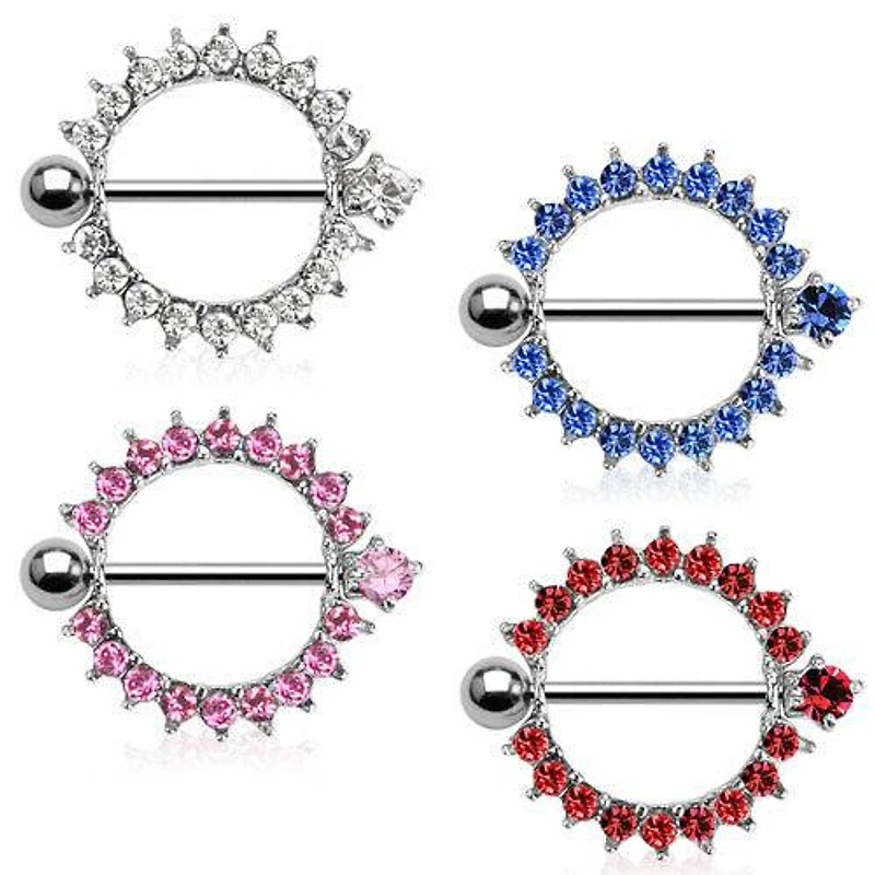 316L Surgical Steel Full Circle CZ Gem Nipple Ring Barbell Shield