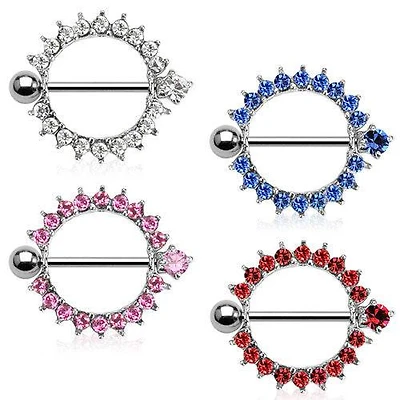 316L Surgical Steel Full Circle CZ Gem Nipple Ring Barbell Shield