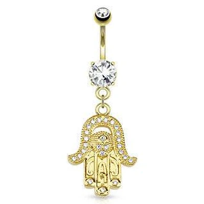 316L Surgical Steel Gold Plated Hand Of Fatima Hamsa Dangle Belly Ring