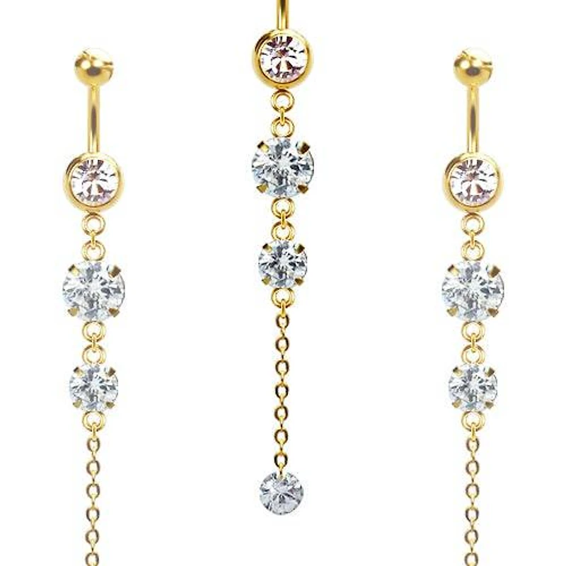 316L Surgical Steel Gold PVD 3 Descending Gem Dangle Belly Ring