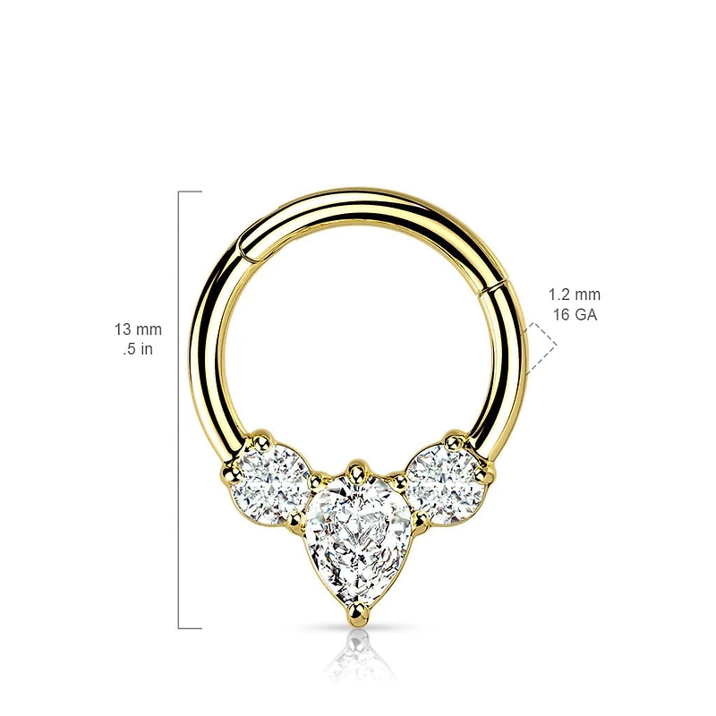 316L Surgical Steel Gold PVD 3 White CZ Gem Teardrop Dainty Septum Ring Hinged Clicker Hoop