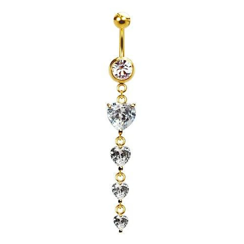 316L Surgical Steel Gold PVD 4 Heart CZ Gem Dangle Belly Ring